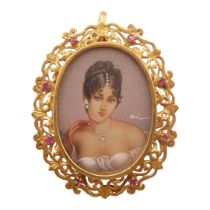 A VINTAGE 18CT GOLD AND RUBY OVAL BROOCH/PENDANT Portrait of lady under glass, signed mid right,