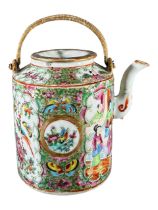 A 19TH CENTURY CHINESE CANTON FAMILLE ROSE CYLINDRICAL TEAPOT Having four panels showing court