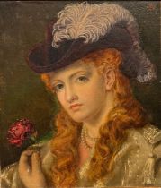 A 19TH CENTURY OIL ON CANVAS, PORTRAIT OF A YOUNG WOMAN WEARING A FEATHERED HAT HOLDING A FLOWER