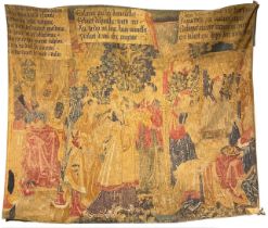 A 16TH CENTURY DESIGN WALL HANGING TAPESTRY, SUZANNE AND THE ELDERS IN TEMPLE With inscriptions in