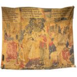 A 16TH CENTURY DESIGN WALL HANGING TAPESTRY, SUZANNE AND THE ELDERS IN TEMPLE With inscriptions in