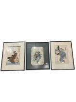 A SET OF THREE 19TH CENTURY JAPANESE COLOURED WOODLOCK PRINTS To include warriors and a Geisha girl,