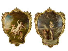 A LARGE PAIR OF 19TH CENTURY OIL ON CANVAS, NUDE FEMALE WITH TWO PUTTI IN A WOODED LANDSCAPE