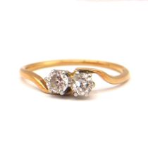AN 18CT YELLOW GOLD AND PLATINUM TWO STONE DIAMOND CROSSOVER RING Old European round cut diamonds (