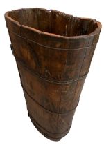 A 19TH CENTURY PINE AND METAL GRAPE HARVEST HOD BARREL. (h 76cm x d 28cm x w 48cm)