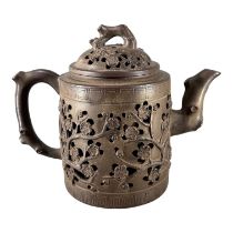 19TH CENTURY CHINESE YIXING CLAY TEAPOT Outer wall having pierced prunus blossom tree decoration,