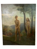 A LARGE EARLY 20TH CENTURY IMPRESSIONIST (POSSIBLY GERMAN) OIL ON CANVAS, ADAM AND EVE IN A MOUNTAIN