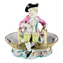 MEISSEN, AN 18TH CENTURY GERMAN PORCELAIN SALT & PEPPER DISH STYLISED WITH FIGURE, MODELLED BY