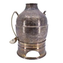 A 20TH CENTURY EGYPTIAN SILVER FUL FAVA BEAN POT WITH STAND AND LADLE Having elaborate chased and