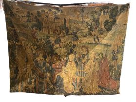 A 16TH CENTURY DESIGN WALL HANGING TAPESTRY Hunting party in river landscape with castle in the