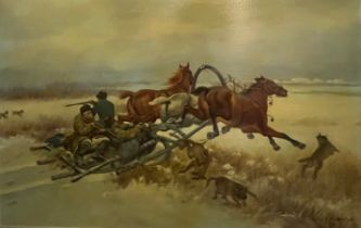 AFTER WLADYSLAW CHMIELINSKI, POLISH 1911 - 1979, OIL ON CANVAS Horse drawn sleigh hunting party in a