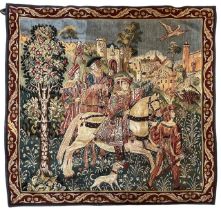 HINES OF OXFORD, A 16TH CENTURY DESIGN WALL HANGING TAPESTRY Falconry hunting in a wooded