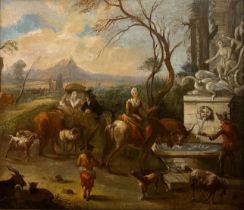 A 17TH CENTURY DUTCH OIL ON CANVAS, RUINS LANDSCAPE With shepherd and shepherdess with cattle and