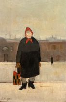 JANET LEDGER, BRITISH, 1931, 20TH CENTURY OIL ON BOARD Titled ‘Woman With Stitchback’, signed