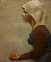 A 20TH CENTURY NEWLYN SCHOOL OIL ON CANVAS, PORTRAIT OF A YOUNG LADY HOLDING AN ORANGE