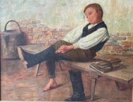 GÉZA PESKE, HUNGARIAN, 1859 - 1934, OIL ON CANVAS Portrait of a young boy seated on a bench in a