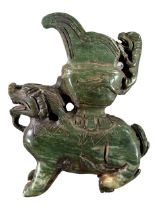 A CHINESE CARVED GREEN SOAPSTONE QILIN VESSEL. (h 17.5cm x w 14cm x d 3.5cm)