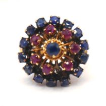 A 14CT YELLOW GOLD, SAPHIRE AND RUBY CLUSTER RING Two tier halo of sapphires and rubies,