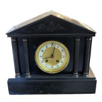 A VICTORIAN BELGIAN SLATE MANTLE CLOCK Architectural form with striking movement, complete with key.