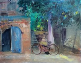 A VINTAGE CONTINENTAL OIL ON CANVAS, LANDSCAPE, STREET SCENE, OLD BICYCLE NEAR A DOORWAY Signed