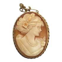 A VINTAGE 9CT GOLD CARVED SHELL OVAL CAMEO BROOCH In a rope twist mount. (approx 3.5cm x 4cm)