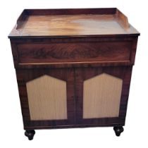 AN EARLY VICTORIAN SOLID FLAME MAHOGANY SIDE CABINET With rise and fall with storage, above two silk