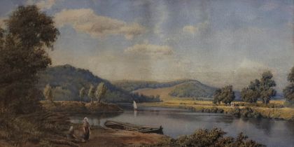 19TH CENTURY WATERCOLOUR, WOMAN BESIDE LAKE, FRAMED. 80.5cm 50.5cm