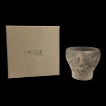 LALIQUE, A VINTAGE FROSTED GLASS CANDLE HOLDER Having embossed leaf design, engraved mark to base,