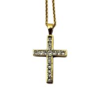 AN 18CT GOLD AND DIAMOND CRUCIFIX PENDANT NECKLACE Two rows of Princess cut diamonds on a fine