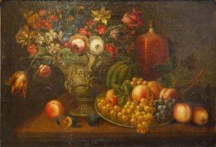 AN EARLY 19TH CENTURY DUTCH SCHOOL OIL ON CANVAS, STILL LIFE Flowers and fruit, in a heavy gilt