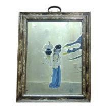 AN EARLY 20TH CENTURY CHINESE REVERSE GLASS PAINTED MIRROR Maiden holding basket of fruit,