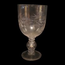 A FINE MID 19TH CENTURY ENGLISH GLASS PRESENTATION RUMMER, CIRCA 1860 Cup bowl engraved with