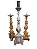 20TH CENTURY PAIR OF DECORATIVE GILT CANDLESTICKS AND ONE OTHER, GILTWOOD. 35.5cm x 41cm Overall