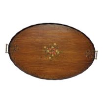 A LARGE EDWARDIAN SHERATON REVIVAL SATINWOOD BRASS TWIN HANDLED SERVING TRAY Centrally painted