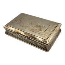 NATHANIAL MILLS, A 19TH CENTURY SILVER RECTANGULAR SNUFF BOX With engraved inscription 'M Harleson