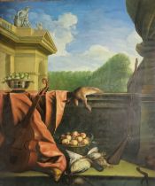 A LARGE DECORATIVE ITALIAN SCHOOL OIL ON CANVAS, LANDSCAPE, POULTRY AND GAME. (200cm x 150cm)