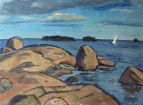 SEPPA ARINA, FINLAND, BN 1922, OIL ON CANVAS Coastal scene, sailboat with boulders, signed lower
