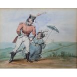 A GEORGE III WATERCOLOUR CARICATURE STUDY, A JOLLY OFFICER AND HIS WIFE IN THE COUNTRYSIDE