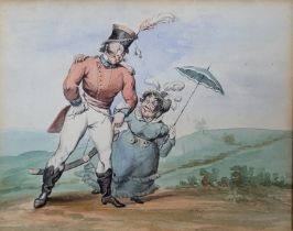 A GEORGE III WATERCOLOUR CARICATURE STUDY, A JOLLY OFFICER AND HIS WIFE IN THE COUNTRYSIDE