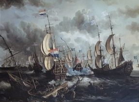 E. PONTHIER, A LARGE 20TH CENTURY OIL ON CANVAS Marine battle scene, titled 'Royal Prince’ and ‘