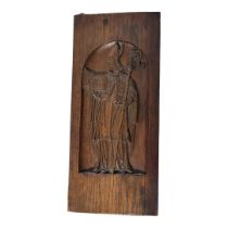 A 19TH CENTURY ECCLESIASTICAL CONTINENTAL OAK PANEL OF ARCHBISHOP IN CHURCH REGALIA Centrally carved