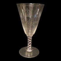 A LARGE EARLY 20TH CENTURY COMMEMORATIVE AIR TWIST GLASS GOBLET The trumpet form bowl engraved