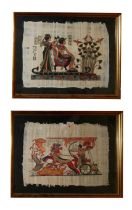 A PAIR OF 20TH CENTURY EGYPTIAN WATERCOLOURS ON PAPYRUS, LANDSCAPE Huntsman on horse drawn chariot