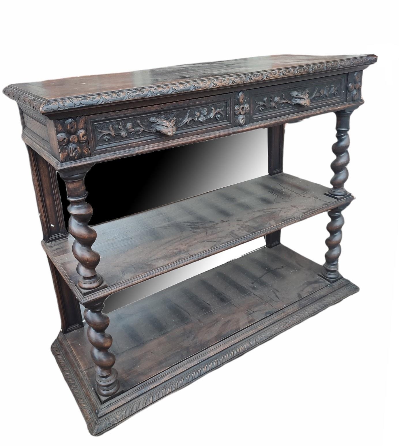 A VICTORIAN OAK OPEN SIDE SHELVES With mirrored back and top above two carved drawers, on heavy - Image 2 of 2