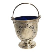 A VICTORIAN SILVER AND BLUE GLASS BON BON BASKET Single handle and pierced decoration to body,