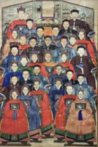 AN EARLY 19TH CENTURY CHINESE SCHOOL QING DYNASTY WATERCOLOUR ON PAPER Large ancestor group portrait