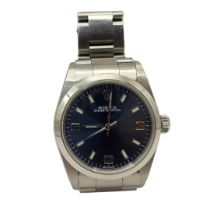 ROLEX, A VINTAGE STAINLESS STEEL MID SIZE LADIES’ WRISTWATCH Blue tone dial with Arabic quarter