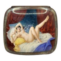 A 20TH CENTURY CONTINENTAL SILVER AND ENAMEL EROTIC CIGARETTE CASE Reclining female, case marked ‘