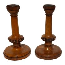A PAIR OF 19TH CENTURY BOXWOOD CANDLESTICKS Having octagonal sconce and carved decoration to central