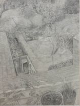 LARGE GRAPHITE DRAWING, GARDEN SCENE Indistinctly signed, dated 1982, framed.